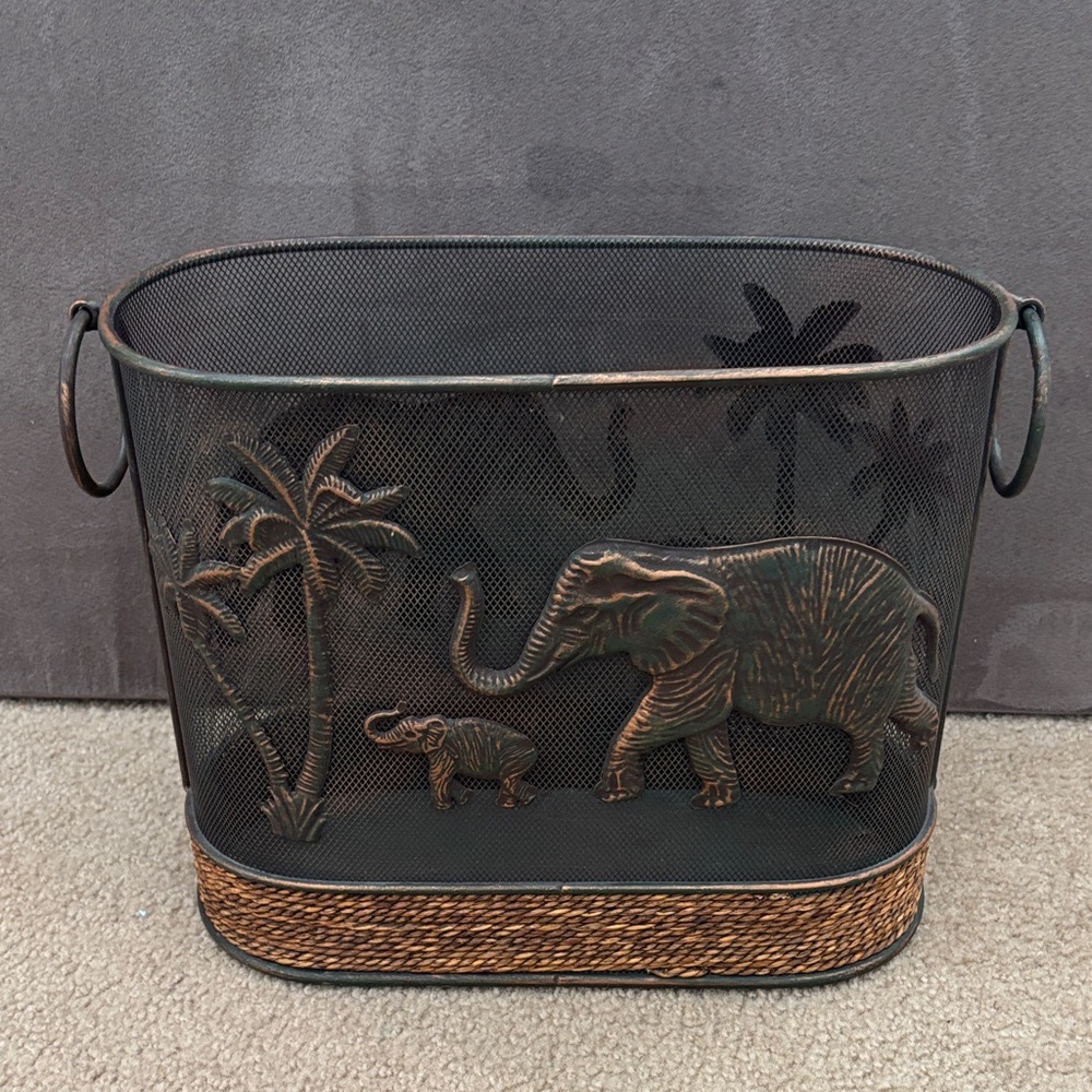 Pier 1 Bronze Elephant Mesh Basket/Magazine holder with Palm Motif